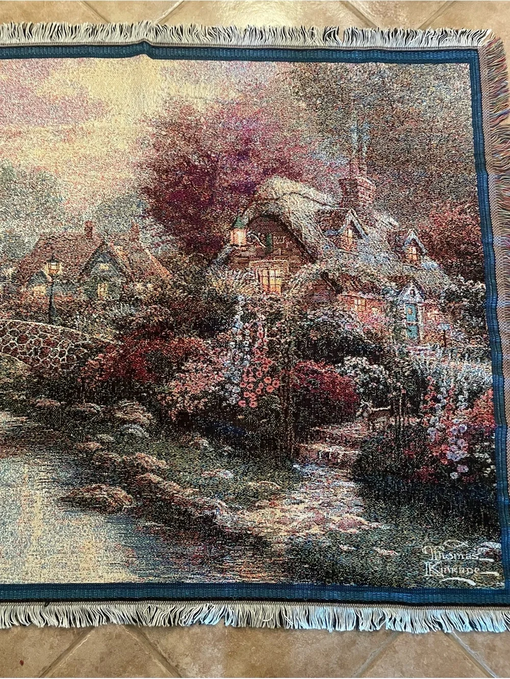 Thomas Kinkade Cottage Bridge Tapestry - Pink & Cream 60x48